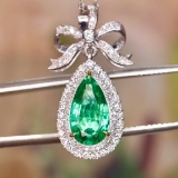 14k Gold 2.14 Ctw Vivid Green Natural Emerald & Diamond Pendant