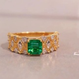 14k Gold 1.06 Ctw Vivid Green Natural Emerald & Diamond Ring