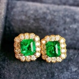 14k Gold 0.89 Ctw Vivid Green Natural Emerald & Diamond Earrings