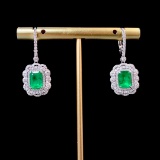14k Gold 2.73 Ctw Vivid Green Natural Emerald & Diamond Earrings