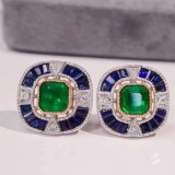 14k Gold 3.71 Ctw Vivid Green Natural Emerald & Sapphire Earrings
