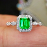 14k Gold 1.01 Ctw Vivid Green Natural Emerald & Diamond Ring