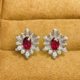 14k Gold 2.57 Ctw Vivid Red Natural Ruby & Diamond & Flowers Earrings