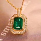 14k Gold 1.16 Ctw Vivid Green Natural Emerald & Diamond Pendant