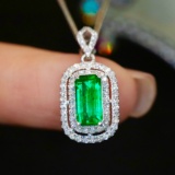 14k Gold 0.83 Ctw Vivid Green Natural Emerald & Diamond Pendant
