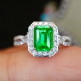 14k Gold 1.23 Ctw Vivid Green Natural Emerald & Diamond Ring