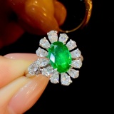14k Gold 2.97 Ctw Vivid Green Natural Emerald & Diamond Ring