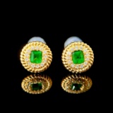 14k Gold 0.44 Ctw Vivid Green Natural Emerald & Diamond Earrings