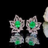 14k Gold 1.21 Ctw Vivid Green Natural Emerald & Diamond Earrings