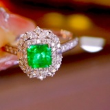 14k Gold 1.25 Ctw Vivid Green Natural Emerald & Diamond Ring