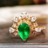 14k Gold 1.12 Ctw Vivid Green Natural Emerald & Diamond Ring