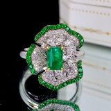 14k Gold 1.52 Ctw Vivid Green Natural Emerald & Diamond Ring