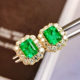 14k Gold 1.28 Ctw Vivid Green Natural Emerald & Diamond Earrings
