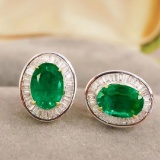 14k Gold 1.8 Ctw Vivid Green Natural Emerald & Diamond Earrings