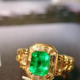14k Gold 1.28 Ctw Vivid Green Natural Emerald & Diamond Ring
