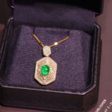 14k Gold 1.66 Ctw Vivid Green Natural Emerald & Diamond Pendant