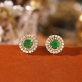 14k Gold 1.0 Ctw Vivid Green Natural Emerald & Diamond Earrings