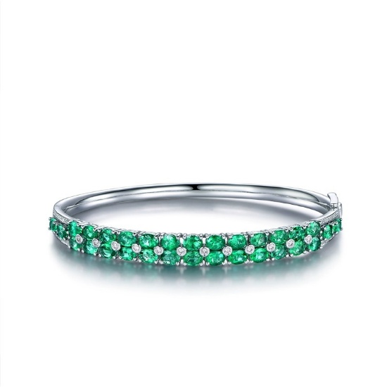 14k Gold 5.09 Ctw Vivid Green Natural Emerald & Diamond Bangle
