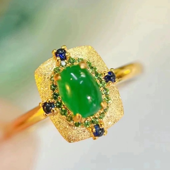14k Gold 0.60 Ct Vivid Green Natural Emerald & Sapphire Ring