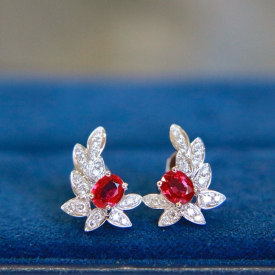 14k Gold 1.04 Ctw Vivid Red Natural Ruby & Diamond Earrings