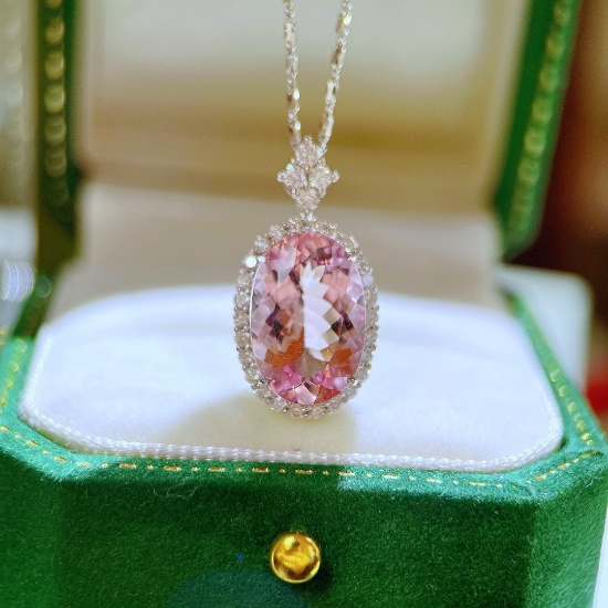 14k Gold 7.53 Ctw Natural Morganite & Diamond Pendant