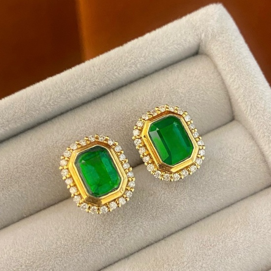 14k Gold 2.84 Ctw Vivid Green Natural Emerald & Diamond Earrings