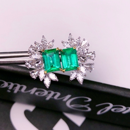 14k Gold 3.56 Ctw Natural Emerald & Diamond Earrings