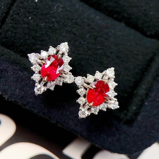 14k Gold 1.70 Ctw Natural Ruby & Diamond Earrings