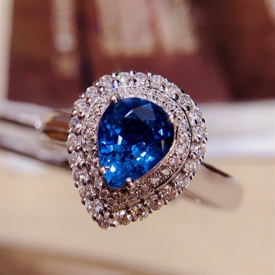14k Gold 1.10 Ct Natural Sapphire & Diamond & Cocktail Ring