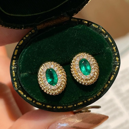 14k Gold 0.40 Ct Natural Emerald & Diamond Earrings