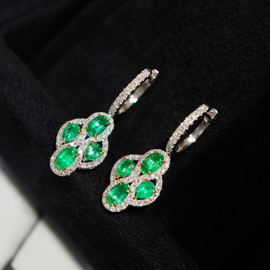 14k Gold 1.50 Ct Natural Emerald & Diamond Earrings