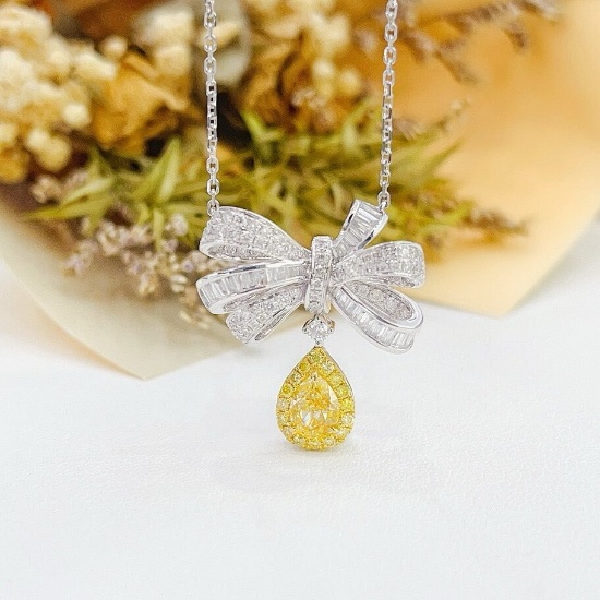 14k Gold 1.53 Ctw Natural Yellow Diamond & Diamond Necklace
