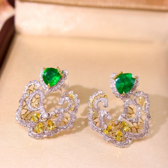 14k Gold 2.19 Ctw Vivid Green Natural Emerald & Diamond Earrings
