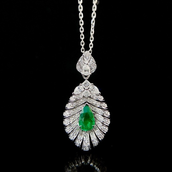 14k Gold 1.09 Ctw Natural Emerald & Diamond Pendant
