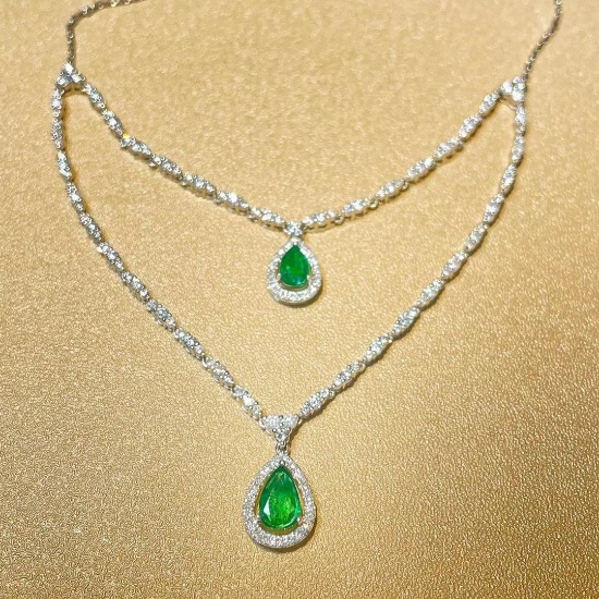 14k Gold 2.38 Ctw Vivid Green Natural Emerald & Diamond Necklace
