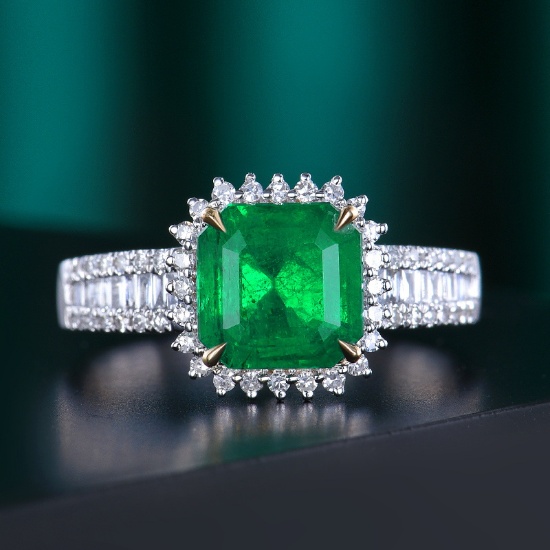 14k Gold 2.48 Ctw Vivid Green Natural Emerald & Diamond Ring