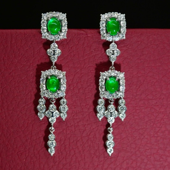 14k Gold 5.27 Ctw Vivid Green Natural Emerald & Diamond Earrings