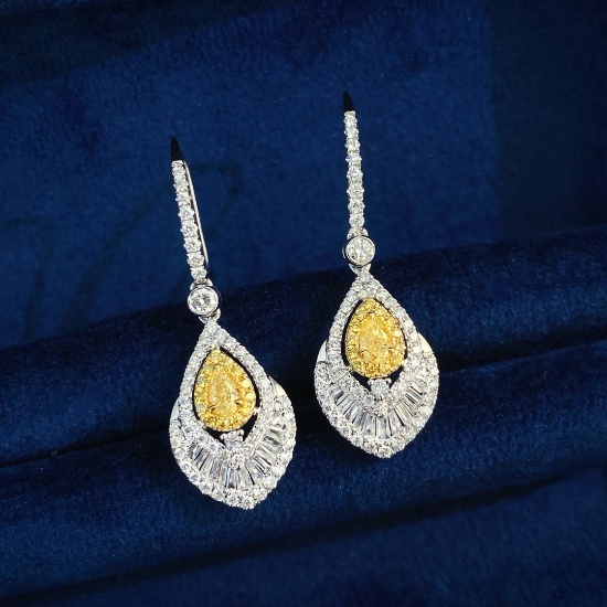 14k Gold 0.88 Ctw Natural Yellow Diamond & Diamond Earrings