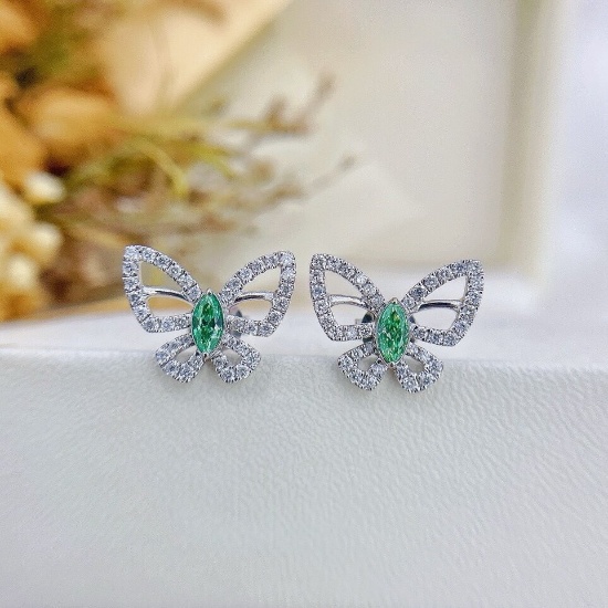 14k Gold 0.52 Ctw Natural Green Diamond & Diamond & Butterfly Earrings