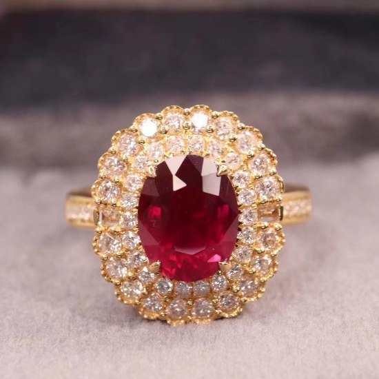 14k Gold 2.87 Ctw Vivid Red Natural Ruby & Diamond Ring