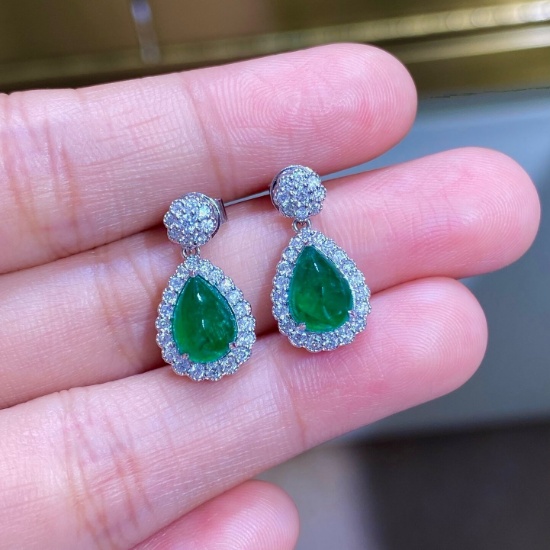 14k Gold 3.38 Ctw Vivid Green Natural Emerald & Diamond Earrings