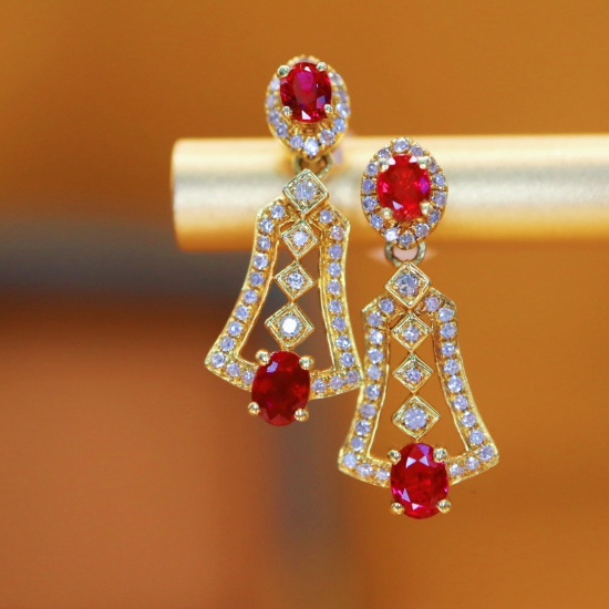 14k Gold 0.87 Ctw Vivid Red Natural Ruby & Diamond Earrings