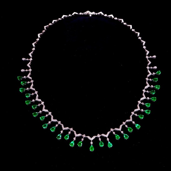 14k Gold 9.17 Ctw Vivid Green Natural Emerald & Diamond Necklace