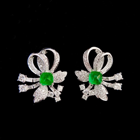 14k Gold 1.4 Ctw Vivid Green Natural Emerald & Diamond Earrings