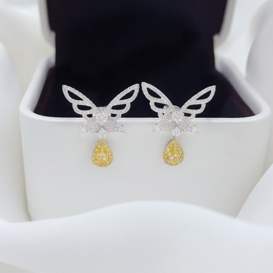 14k Gold 1.06 Ctw Natural Yellow Diamond & Diamond & Butterfly Earrings