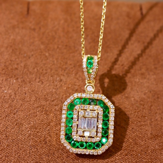 14k Gold 2.41 Ctw Vivid Green Natural Emerald & Diamond Pendant