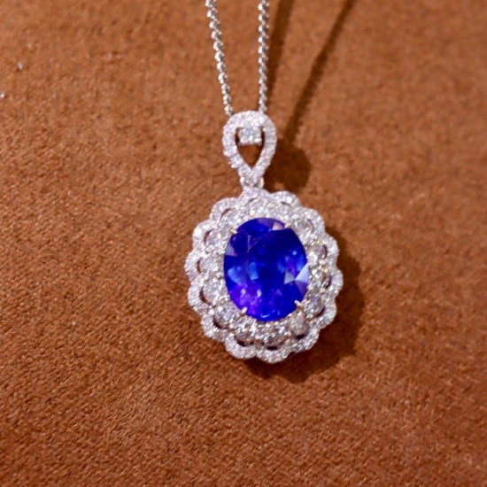 14k Gold 4.73 Ctw Vivid Blue Natural Sapphire & Diamond Pendant