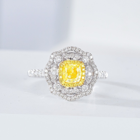 14k Gold 0.90 Ctw Natural Yellow Diamond & Diamond Ring