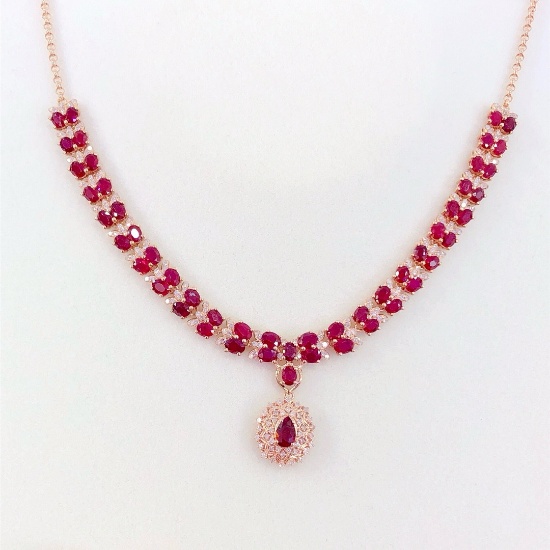 14k Gold 12.88 Ct Vivid Red Natural Ruby & Diamond Necklace