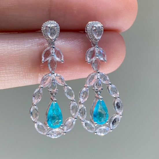 14k Gold 0.8 Ct Natural Paraiba Tourmaline & Diamond & Sapphire Earrings